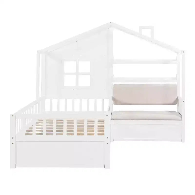 MAYEERTY Letto a Capanna per Bambini con Divano, Piattaforma con Due Cassetti e Ripiano per Camera da Letto, Bianco
