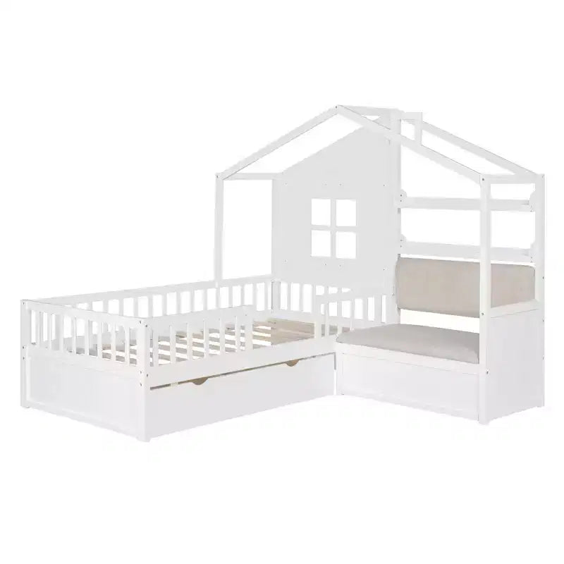 MAYEERTY Letto a Capanna per Bambini con Divano, Piattaforma con Due Cassetti e Ripiano per Camera da Letto, Bianco