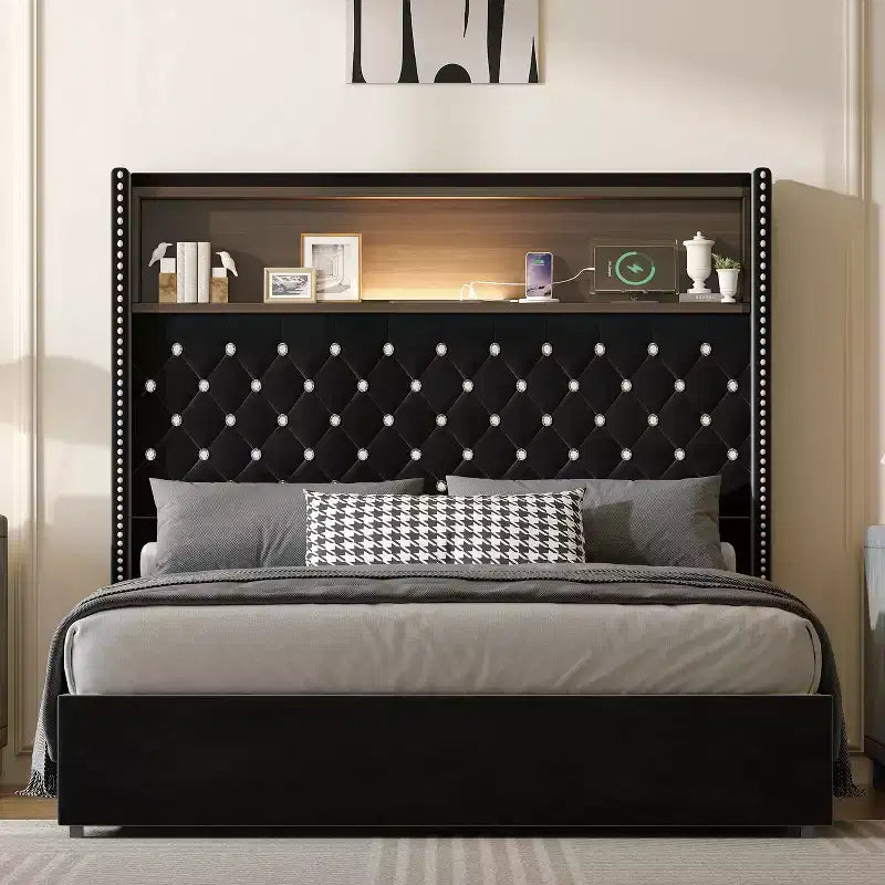 MAYEERTY Full Size Velvet Tufted Bed with Night Light 52 High Headboard Rivet Decor Wing-back Platform Headboard Shelf for Bedroom Black