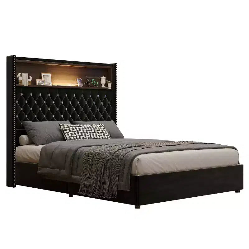 MAYEERTY Letto Matrimoniale Imbottito in Velluto con Luce Notturna, Testiera Alta 52 Pollici con Rivetti, Design a "Wing-back", Piattaforma con Mensola per Camera da Letto, Nero