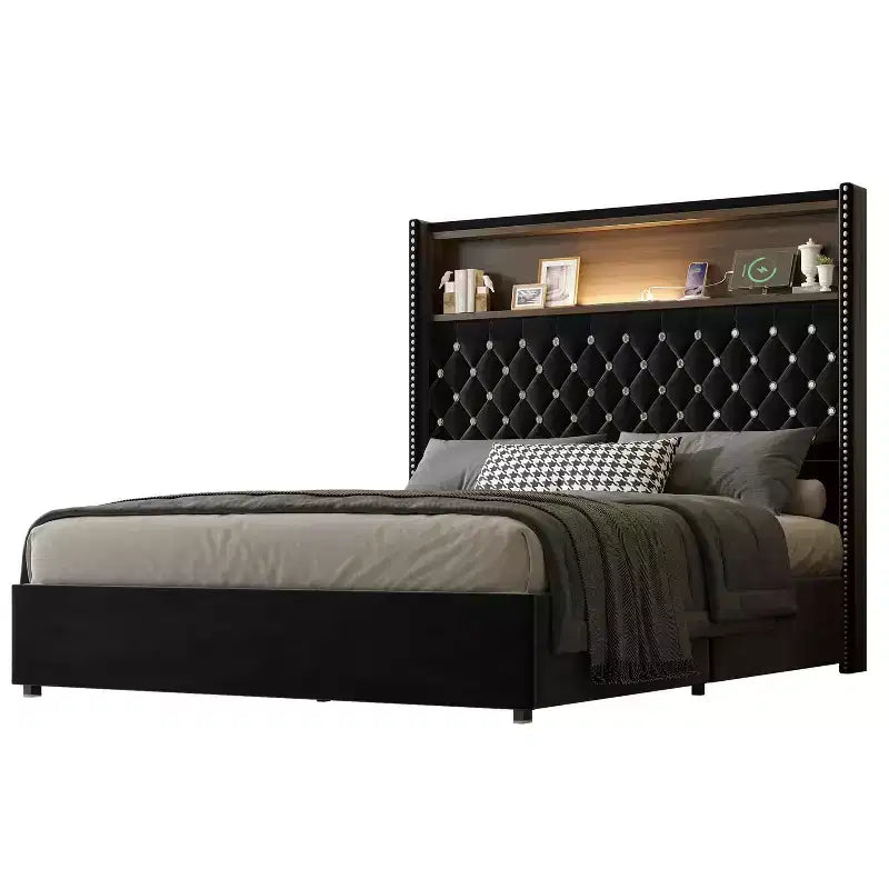 MAYEERTY Letto Matrimoniale Imbottito in Velluto con Luce Notturna, Testiera Alta 52 Pollici con Rivetti, Design a "Wing-back", Piattaforma con Mensola per Camera da Letto, Nero