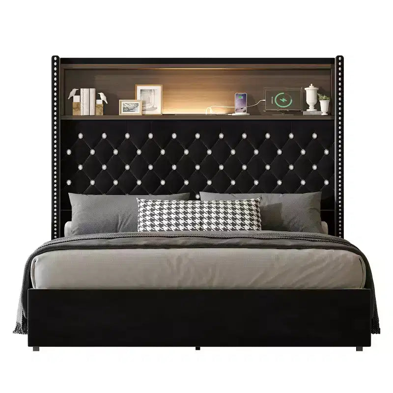 MAYEERTY Letto Matrimoniale Imbottito in Velluto con Luce Notturna, Testiera Alta 52 Pollici con Rivetti, Design a "Wing-back", Piattaforma con Mensola per Camera da Letto, Nero
