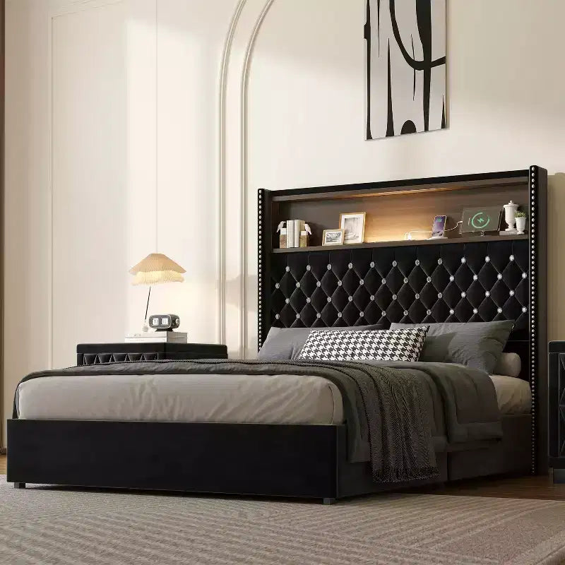 MAYEERTY Letto Matrimoniale Imbottito in Velluto con Luce Notturna, Testiera Alta 52 Pollici con Rivetti, Design a "Wing-back", Piattaforma con Mensola per Camera da Letto, Nero