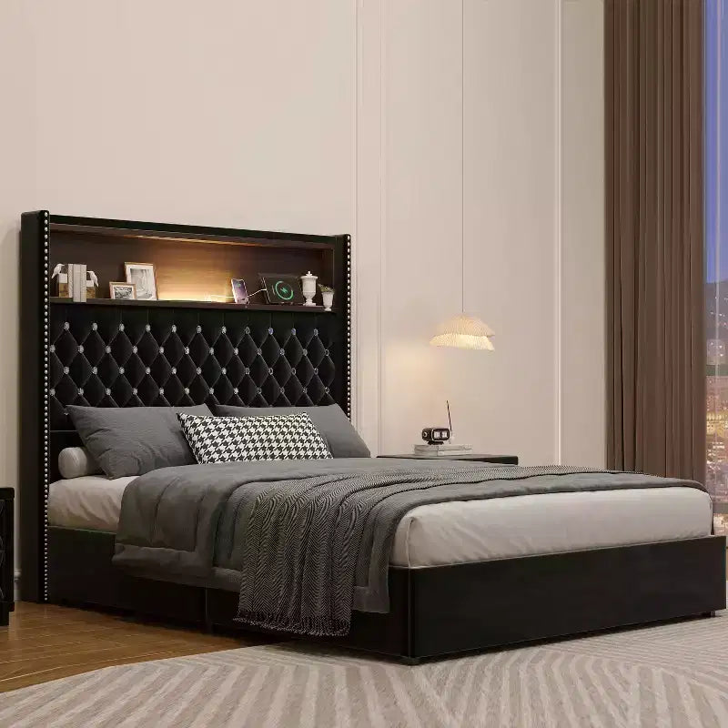 MAYEERTY Letto Matrimoniale Imbottito in Velluto con Luce Notturna, Testiera Alta 52 Pollici con Rivetti, Design a "Wing-back", Piattaforma con Mensola per Camera da Letto, Nero