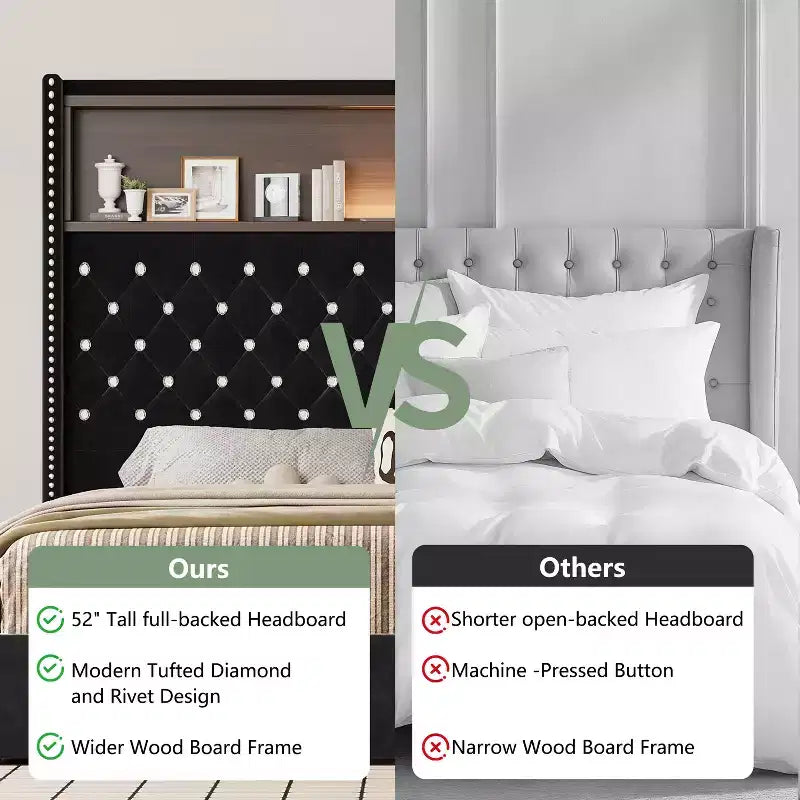 MAYEERTY Letto Matrimoniale Imbottito in Velluto con Luce Notturna, Testiera Alta 52 Pollici con Rivetti, Design a "Wing-back", Piattaforma con Mensola per Camera da Letto, Nero