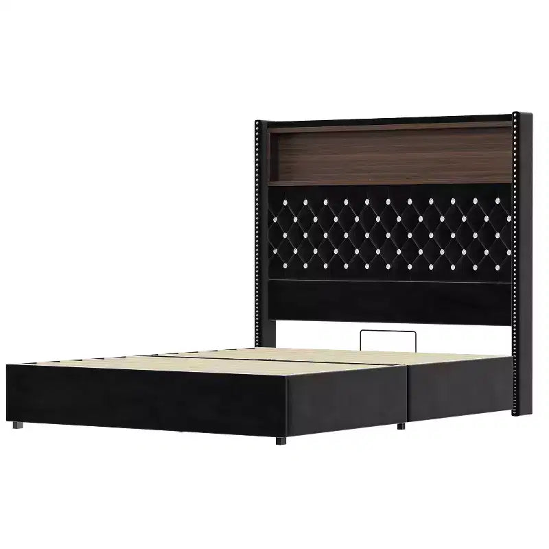 MAYEERTY Letto Matrimoniale Imbottito in Velluto con Luce Notturna, Testiera Alta 52 Pollici con Rivetti, Design a "Wing-back", Piattaforma con Mensola per Camera da Letto, Nero