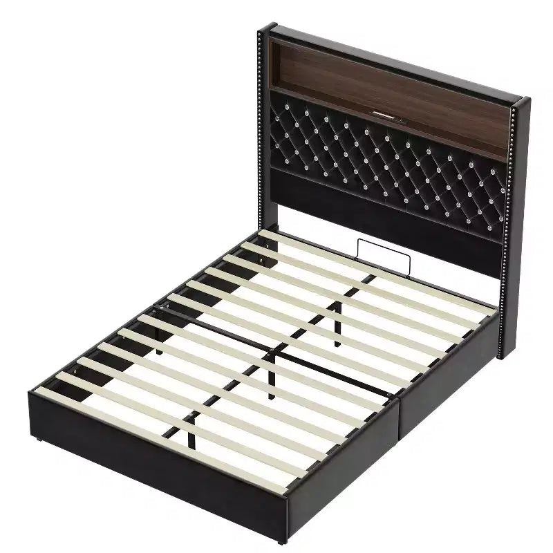 MAYEERTY Letto Matrimoniale Imbottito in Velluto con Luce Notturna, Testiera Alta 52 Pollici con Rivetti, Design a "Wing-back", Piattaforma con Mensola per Camera da Letto, Nero