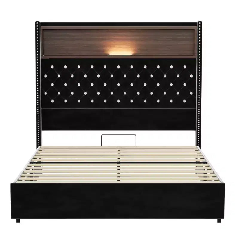 MAYEERTY Letto Matrimoniale Imbottito in Velluto con Luce Notturna, Testiera Alta 52 Pollici con Rivetti, Design a "Wing-back", Piattaforma con Mensola per Camera da Letto, Nero