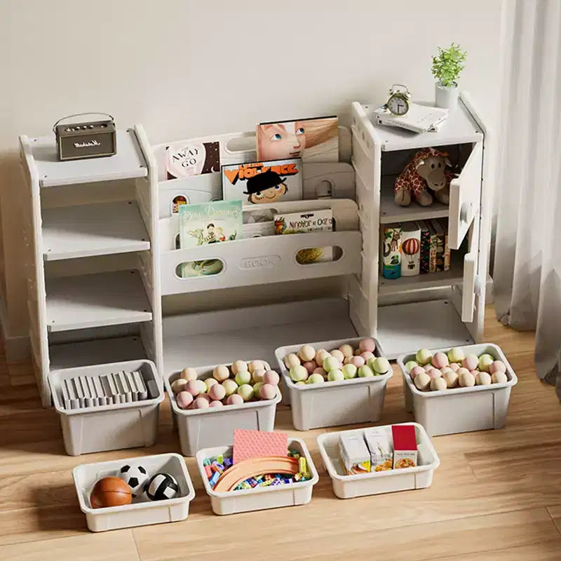 Mobile contenitore 8 scomparti con cassetti portagiochi rimovibili, libreria a 4 livelli e 2 armadietti per sala giochi, cameretta, stanza dei bambini