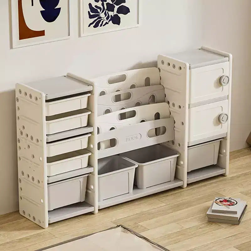 Mobile contenitore 8 scomparti con cassetti portagiochi rimovibili, libreria a 4 livelli e 2 armadietti per sala giochi, cameretta, stanza dei bambini