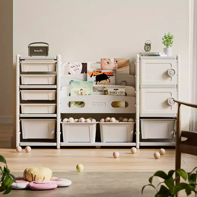 Storage Organizer 8 storage cabinet Removable Toy Bins, 4-Tier Book organizers Storage and 2 cabinet storage for Playroom, Bedroom, Kids Room
