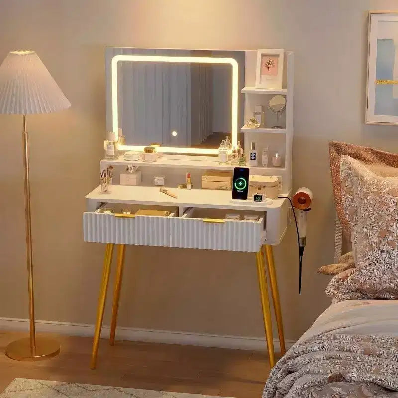 Toeletta da trucco da 31,5 pollici, Tavolino da trucco con 2 cassetti, Scrivania da trucco per camera da letto per organizzazione e stoccaggio