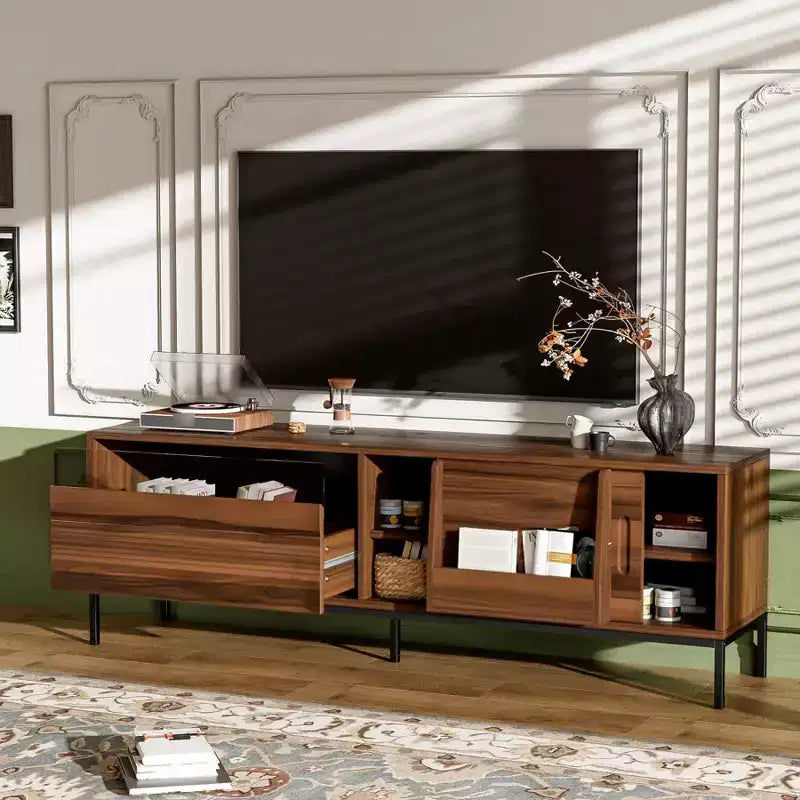 Mobile porta TV moderno per televisori fino a 75 pollici, mobile TV in legno da 70,8 pollici con contenitore e anta scorrevole, mobile console multimediale per soggiorno e camera da letto