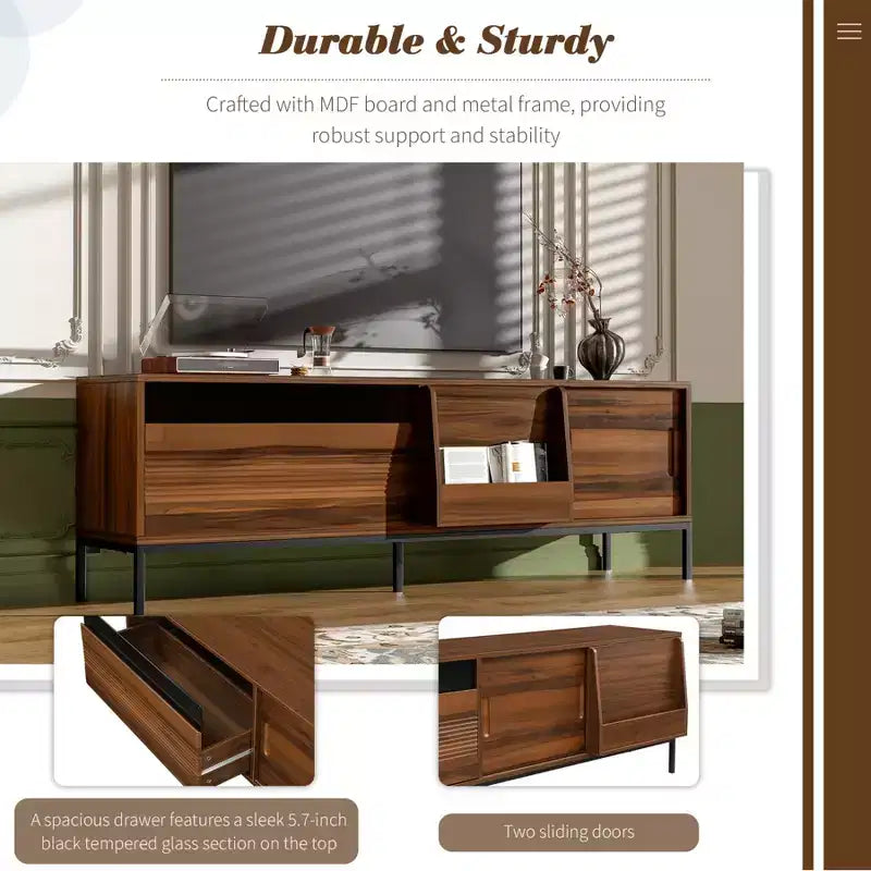 Mobile porta TV moderno per televisori fino a 75 pollici, mobile TV in legno da 70,8 pollici con contenitore e anta scorrevole, mobile console multimediale per soggiorno e camera da letto