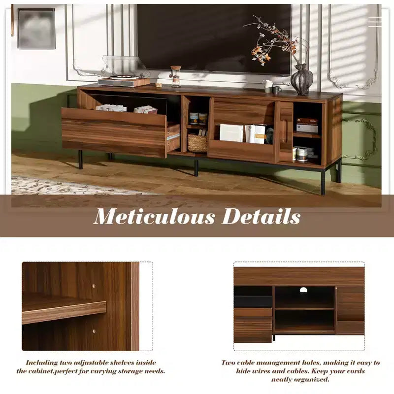 Mobile porta TV moderno per televisori fino a 75 pollici, mobile TV in legno da 70,8 pollici con contenitore e anta scorrevole, mobile console multimediale per soggiorno e camera da letto
