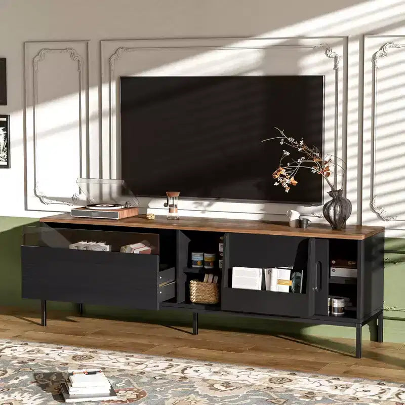 Mobile porta TV moderno per televisori fino a 75 pollici, mobile TV in legno da 70,8 pollici con contenitore e anta scorrevole, mobile console multimediale per soggiorno e camera da letto