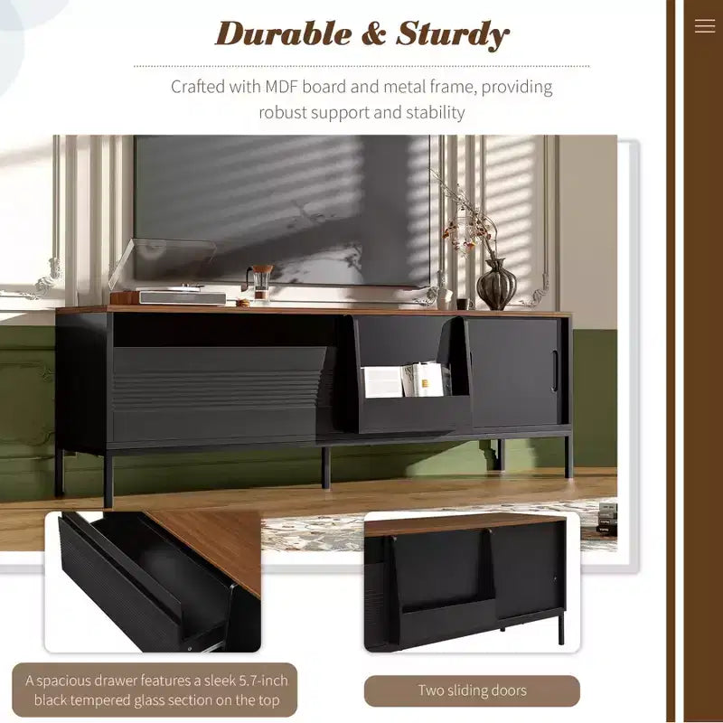 Mobile porta TV moderno per televisori fino a 75 pollici, mobile TV in legno da 70,8 pollici con contenitore e anta scorrevole, mobile console multimediale per soggiorno e camera da letto