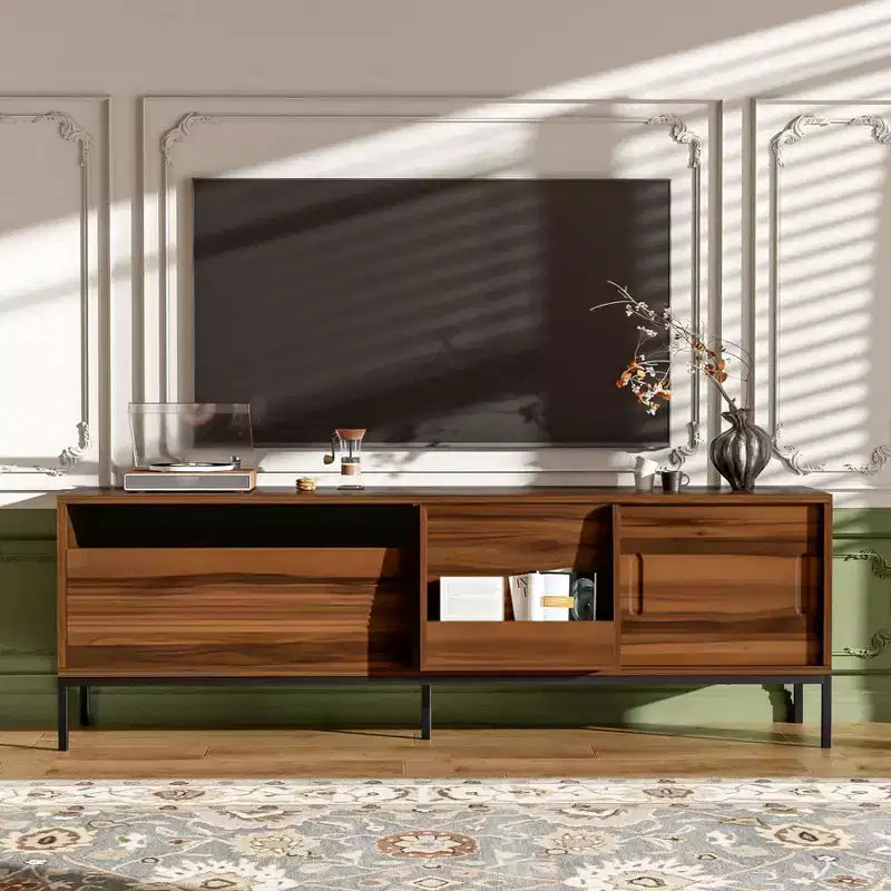 Mobile porta TV moderno per televisori fino a 75 pollici, mobile TV in legno da 70,8 pollici con contenitore e anta scorrevole, mobile console multimediale per soggiorno e camera da letto