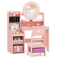 Costway Kids Vanity Table Set w/ Lighted LED Mirror Princess Dressing Table w/ Chair Pink