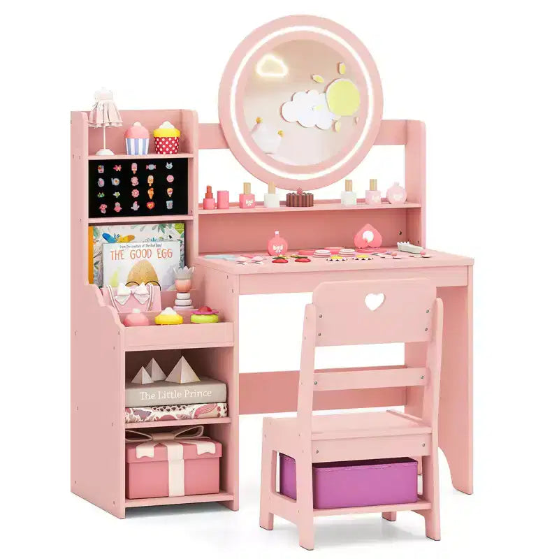 Costway Kids Vanity Table Set w/ Lighted LED Mirror Princess Dressing Table w/ Chair Pink