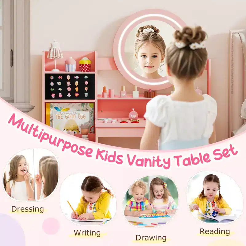 Costway Set Tavolo da Trucco per Bambini con Specchio LED Illuminato, Tavolino da Principessa con Sedia, Rosa