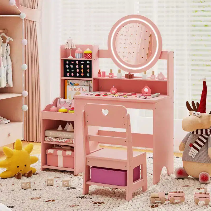 Costway Set Tavolo da Trucco per Bambini con Specchio LED Illuminato, Tavolino da Principessa con Sedia, Rosa
