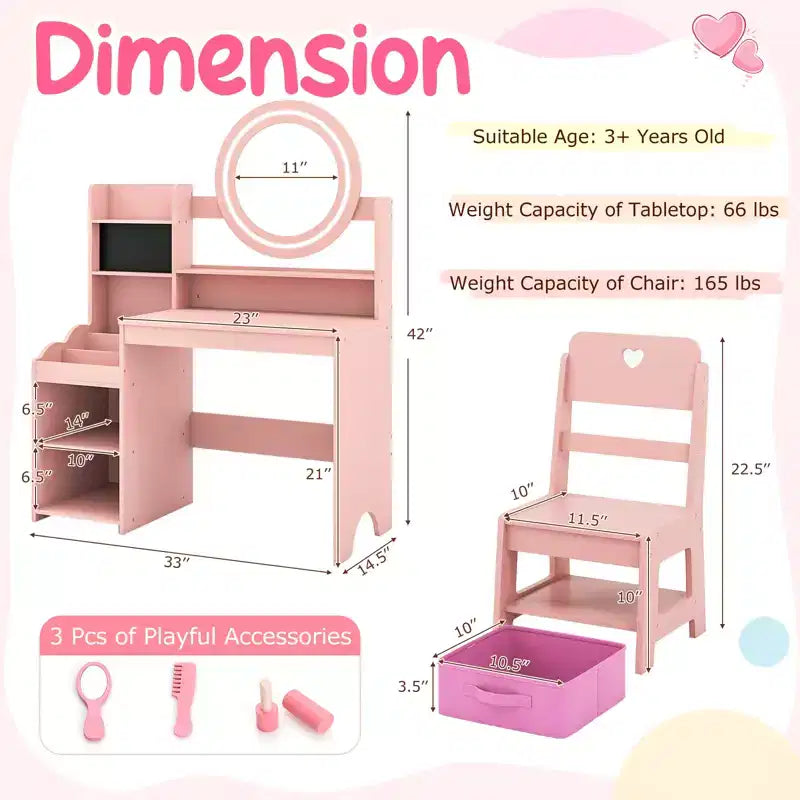 Costway Set Tavolo da Trucco per Bambini con Specchio LED Illuminato, Tavolino da Principessa con Sedia, Rosa