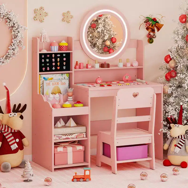 Costway Set Tavolo da Trucco per Bambini con Specchio LED Illuminato, Tavolino da Principessa con Sedia, Rosa