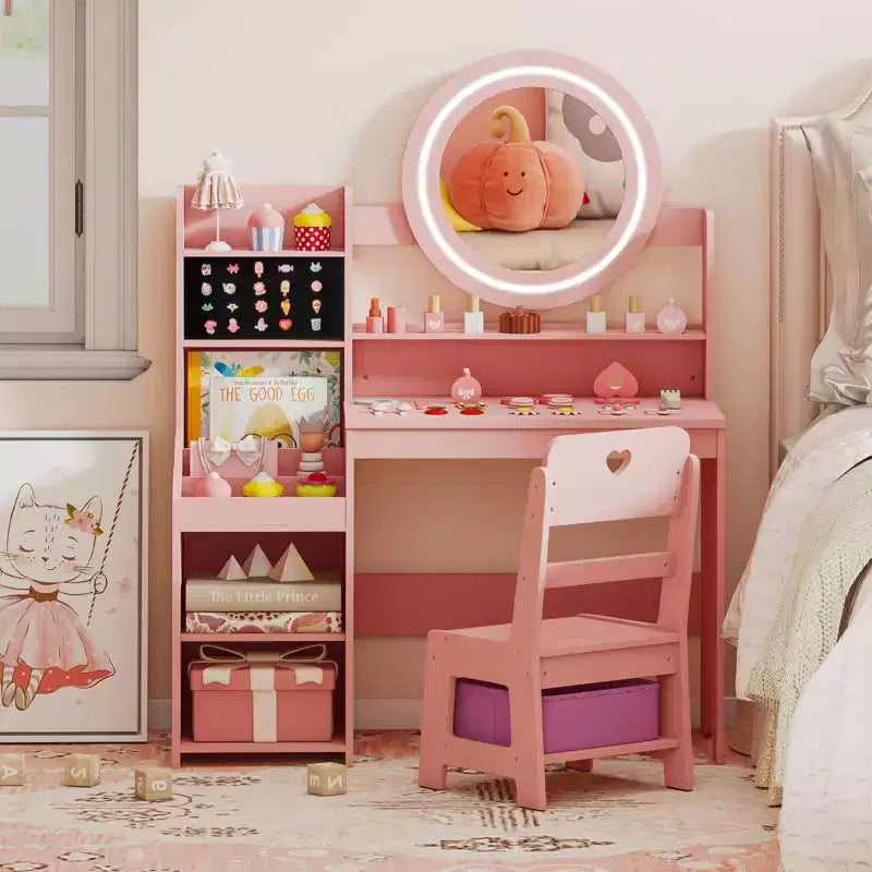 Costway Set Tavolo da Trucco per Bambini con Specchio LED Illuminato, Tavolino da Principessa con Sedia, Rosa