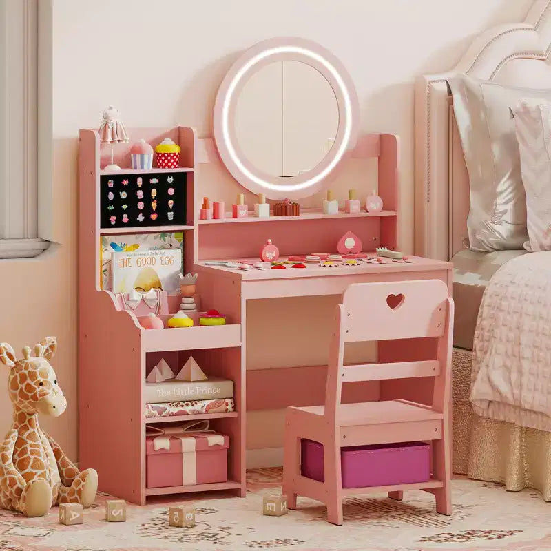 Costway Set Tavolo da Trucco per Bambini con Specchio LED Illuminato, Tavolino da Principessa con Sedia, Rosa