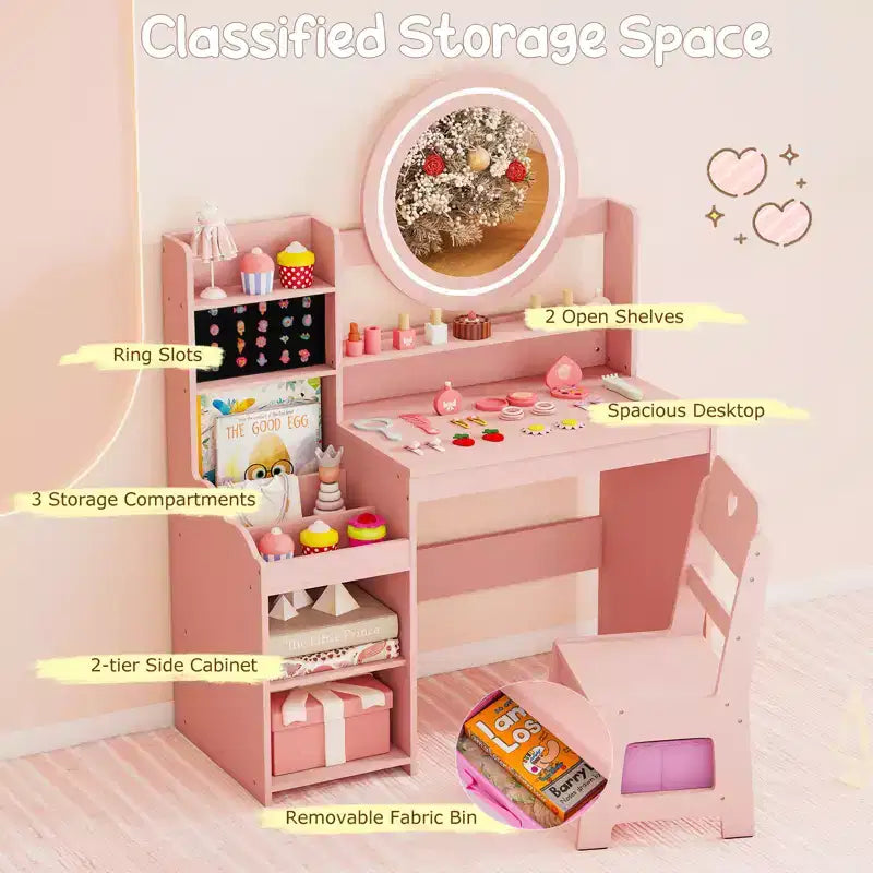 Costway Set Tavolo da Trucco per Bambini con Specchio LED Illuminato, Tavolino da Principessa con Sedia, Rosa