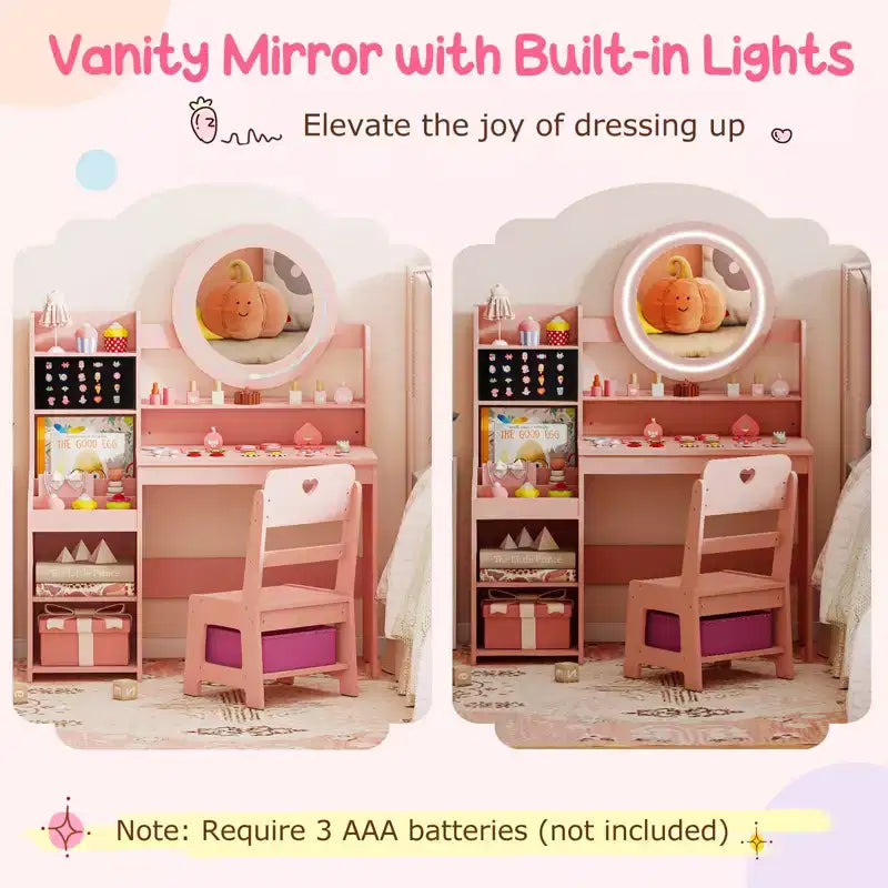 Costway Set Tavolo da Trucco per Bambini con Specchio LED Illuminato, Tavolino da Principessa con Sedia, Rosa