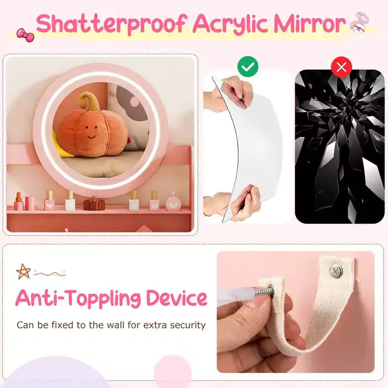 Costway Set Tavolo da Trucco per Bambini con Specchio LED Illuminato, Tavolino da Principessa con Sedia, Rosa