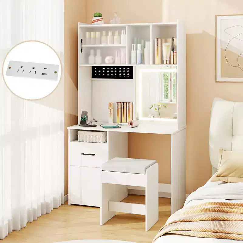 Costway Scrivania da toeletta 39.5'' con Specchio, Luci, Prese di Corrente, Luminosità Regolabile e Scaffali