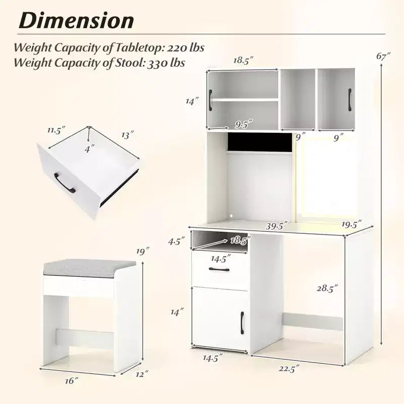 Costway Scrivania da toeletta 39.5'' con Specchio, Luci, Prese di Corrente, Luminosità Regolabile e Scaffali