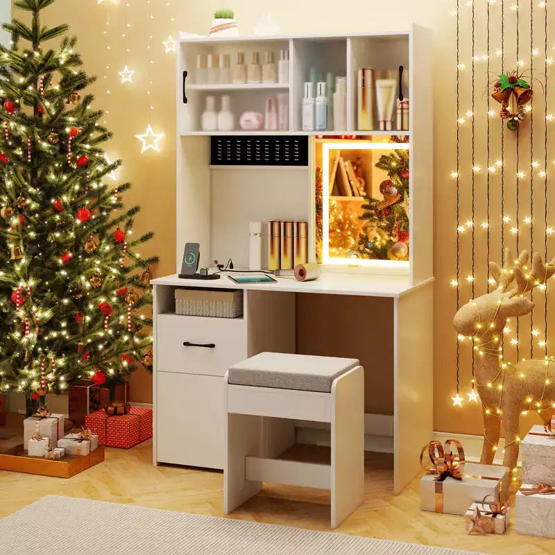 Costway Scrivania da toeletta 39.5'' con Specchio, Luci, Prese di Corrente, Luminosità Regolabile e Scaffali