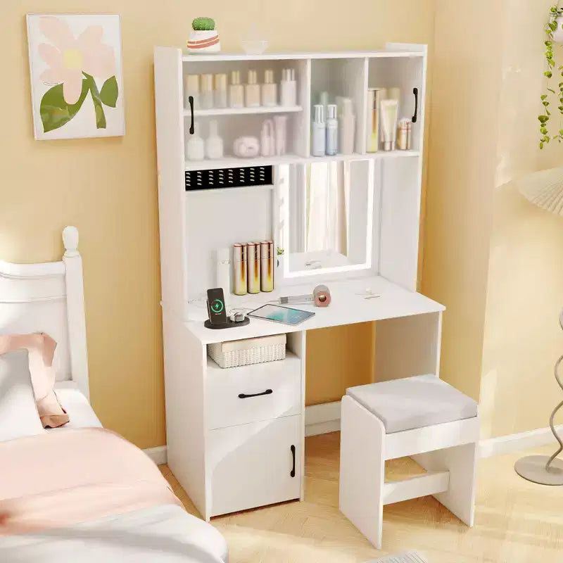 Costway Scrivania da toeletta 39.5'' con Specchio, Luci, Prese di Corrente, Luminosità Regolabile e Scaffali