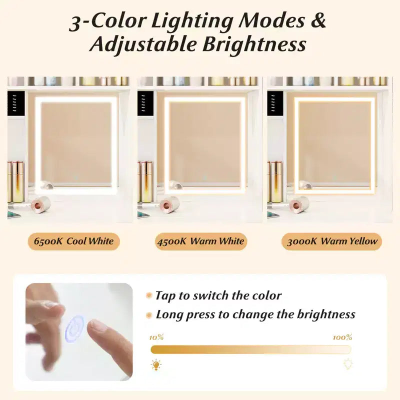 Costway Scrivania da toeletta 39.5'' con Specchio, Luci, Prese di Corrente, Luminosità Regolabile e Scaffali