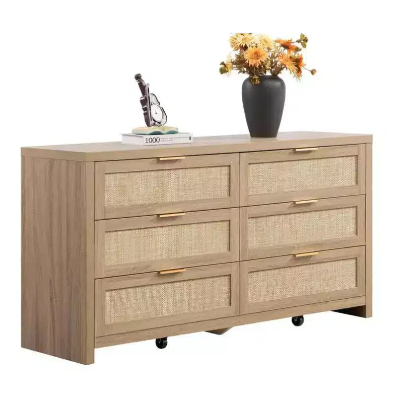 6 Drawer Dresser with Rattan Front, 56.7 Wide 3 Dresser Chest of Drawers with Wheels, Sturdy Thickened Wood Storage Cabinet for Bedroom, Living Room