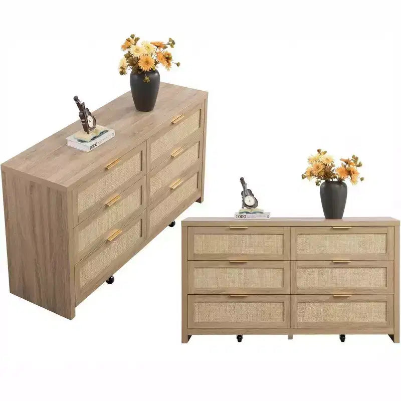 Comò a 6 cassetti con frontale in rattan, cassettiera a 3 cassetti larga 56,7 cm con ruote, robusto armadio portaoggetti in legno ispessito per camera da letto, soggiorno