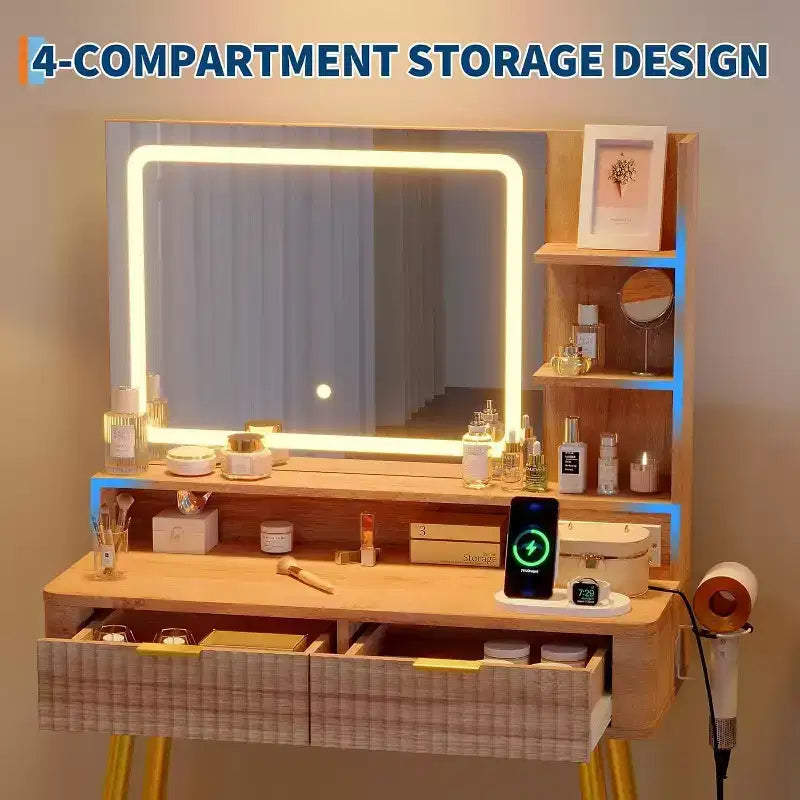 Mobile Trucco con Specchio Illuminato, Toeletta LED da 80 cm con 2 Cassetti, 3 Modalità di Illuminazione a Colori, Tavolo da Toeletta Scanalato con Stazione di Ricarica