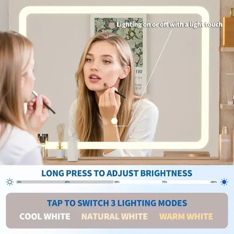Mobile Trucco con Specchio Illuminato, Toeletta LED da 80 cm con 2 Cassetti, 3 Modalità di Illuminazione a Colori, Tavolo da Toeletta Scanalato con Stazione di Ricarica