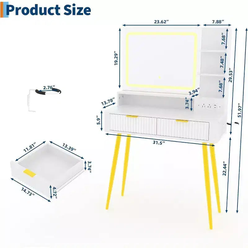 Mobile Trucco con Specchio Illuminato, Toeletta LED da 80 cm con 2 Cassetti, 3 Modalità di Illuminazione a Colori, Tavolo da Toeletta Scanalato con Stazione di Ricarica