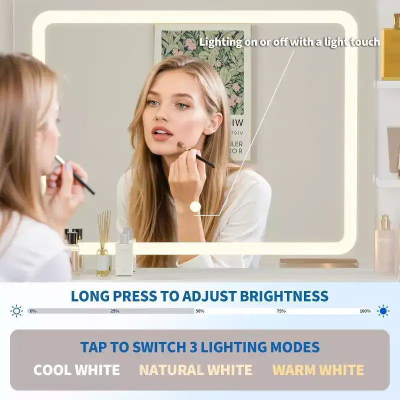 Mobile Trucco con Specchio Illuminato, Toeletta LED da 80 cm con 2 Cassetti, 3 Modalità di Illuminazione a Colori, Tavolo da Toeletta Scanalato con Stazione di Ricarica