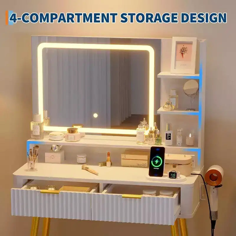 Mobile Trucco con Specchio Illuminato, Toeletta LED da 80 cm con 2 Cassetti, 3 Modalità di Illuminazione a Colori, Tavolo da Toeletta Scanalato con Stazione di Ricarica