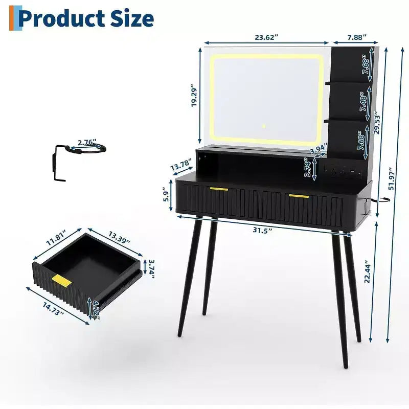 Mobile Trucco con Specchio Illuminato, Toeletta LED da 80 cm con 2 Cassetti, 3 Modalità di Illuminazione a Colori, Tavolo da Toeletta Scanalato con Stazione di Ricarica