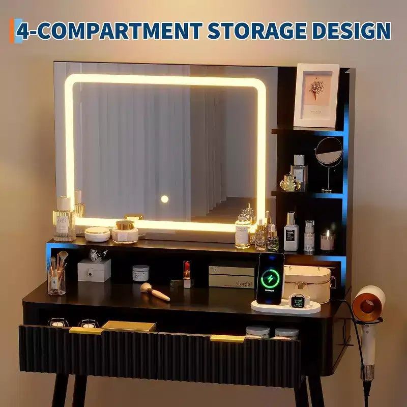 Mobile Trucco con Specchio Illuminato, Toeletta LED da 80 cm con 2 Cassetti, 3 Modalità di Illuminazione a Colori, Tavolo da Toeletta Scanalato con Stazione di Ricarica
