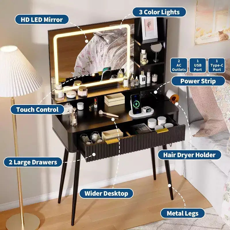 Mobile Trucco con Specchio Illuminato, Toeletta LED da 80 cm con 2 Cassetti, 3 Modalità di Illuminazione a Colori, Tavolo da Toeletta Scanalato con Stazione di Ricarica