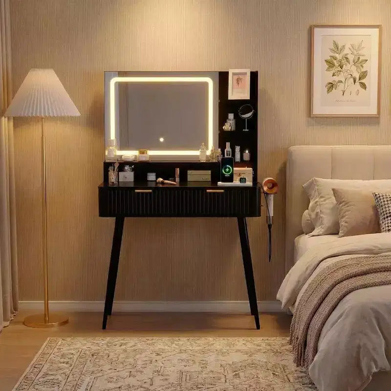 Makeup Vanity Desk with Lighted Mirror, 31.5 LED Makeup Vanity with 2 Drawers, 3 Color Lighting Modes, Fluted Dressing Table with Charging Station