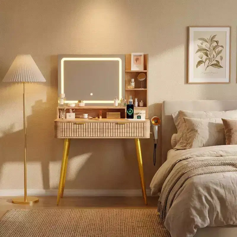 Mobile Trucco con Specchio Illuminato, Toeletta LED da 80 cm con 2 Cassetti, 3 Modalità di Illuminazione a Colori, Tavolo da Toeletta Scanalato con Stazione di Ricarica